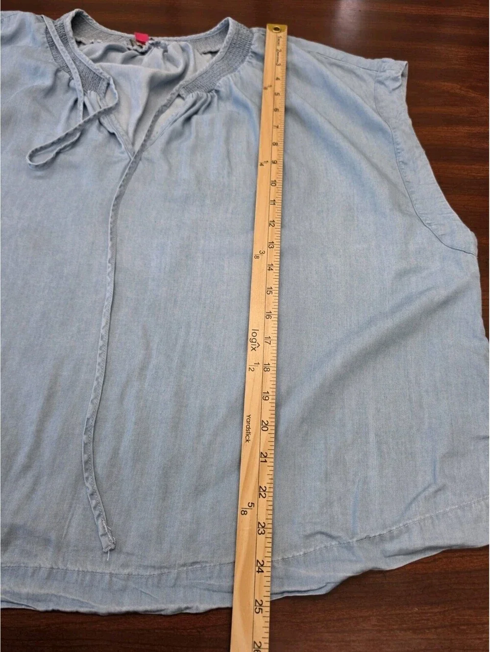 Vince Camuto Tencel Chambray Tie Front Top Smocked Waist Light Blue 2X Plus Size - Picture 6 of 6